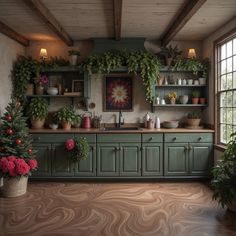 a kitchen filled with lots of plants and potted plants on top of green cabinets