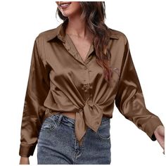 Women's Blouse Satin Silk Shirt Button Down Shirt Casual Loose Long Sleeve Office Work Long Edition Blouse Features: Soft silky fabric: The women's satin silk top is made of 95% polyester and 5% elastic, breathable and lightweight silk fabric, and the long-sleeved T-shirt gives you a comfortable feminine and cool feeling. Chic design: button shirts, long-sleeved shirts, classic V-neck tops, loose fitting robes, casual tops, lapel work shirts, office shirts, button shirt tops, loose fitting tunic Satin Button Down Shirt Shorts, Casual Brown Blouse, Cheap Brown Crew Neck Blouse, Cheap Beige Office Shirt, Cheap Brown Shirt For Workwear, Satin Shirts For Women, Loose Long Sleeve Dress, Office Shirts, Blouse Satin