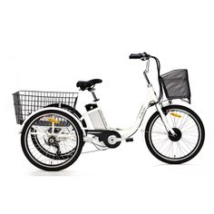 a white bicycle with a basket on the front and back wheel, is shown against a white background