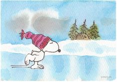 a watercolor drawing of a cartoon dog wearing a red hat and scarf walking in the snow