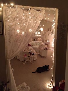 a black cat laying on the floor in front of a bed covered with white curtains