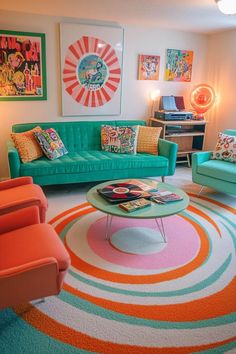 a living room filled with colorful furniture and decor