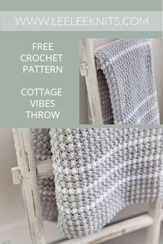 a chair that is sitting in front of a wall with the text free crochet pattern cottage vibes throw