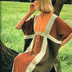 PDF 1970s Medieval Womens Ladies Kaftan Maxi Dress Knitting Pattern, Easy Retro, Bohemian Fantasy Biba style, Hippy, Romantic, Folk, Rusticx also for Larger Sizes Instant Download! To Knit this Traditional Bohemian Ladies Kaftan in a Medieval Fantasy Fashion in Autumnal colours Gold, Apricot, Browns etc Cleverly Based on Squares  like Knitted Insertions In Different Patterns (LOTS) with Panelling A Complex mix of Textures & Lacework Highly Unusual Stitches! a Useful 'Stitch Dictionary' to add to Your Collection for other potential Projects Clever Layout Creating ANGEL style Sleeves Batwing Empire Drawstring Waist Long Maxi Length could Easily be Shortened to make a Baby Doll Mini Dress.... see pics...the Squares on their own could be used for other Projects such as Bags, Cushions, Shawl, S Bohemian Knitting Patterns, Ladies Kaftan, Style Hippy, Medieval Princess, Fashion Knitwear, Rich Fashion, Retro Bohemian, Kaftan Maxi Dress, Wool Tie