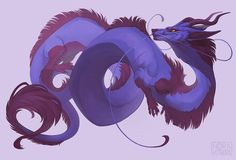 a blue and red dragon is flying in the air with it's tail curled up