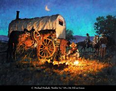 a painting of people sitting around a campfire with horses and wagons in the background