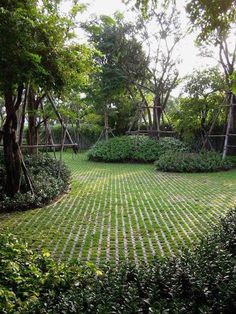 a garden with grass and trees in the middle