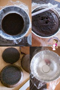 four pictures showing how to make chocolate cupcakes in a blender with plastic wrappers