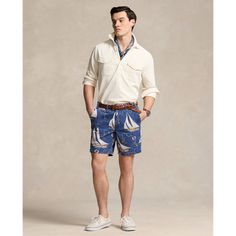 These lightweight cotton shorts feature a vintage sailing motif that was selected from the Ralph Lauren archive and specially printed to achieve more dimension. Nautical Style Summer Vacation Bottoms, Ralph Lauren Casual Shorts With Pockets, Casual Ralph Lauren Shorts With Pockets, Cotton Bermuda Shorts With Pockets For Vacation, Ralph Lauren Cotton Shorts, Casual Ralph Lauren Short-length Bottoms, Vintage Cotton Cargo Shorts For Summer, Ralph Lauren Relaxed Fit Summer Bottoms, Summer Ralph Lauren Relaxed Fit Bottoms