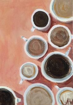 an oil painting of coffee cups on a pink background