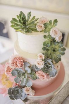 a wedding cake decorated with succulents and flowers