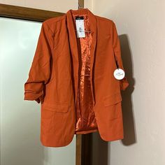 3/4 Sleeve Burnt Orange Blazer. Purchased From Avara. Orange Notch Lapel Outerwear For Spring, Spring Formal Orange Outerwear, Formal Orange Outerwear For Spring, Orange Formal Outerwear For Spring, Solid 3/4 Sleeve Summer Outerwear, Spring Blazer With 3/4 Sleeves And Pockets, Trendy Spring Outerwear With 3/4 Sleeves, Spring 3/4 Sleeve Blazer With Pockets, Trendy 3/4 Sleeve Spring Outerwear