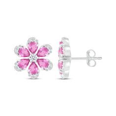 For Mom, the girl you adore or someone special, these sweet flower stud earrings are a gift she'll love. Crafted in sterling silver Pear-shaped pink lab-created sapphires create the petals of each earring At its center and around the edges, round-cut white lab-created sapphires amp up the sparkle The earrings secure with friction backs Pink Flower Shaped Pierced Earrings, Sterling Silver Flower Earrings For Mother's Day, Sterling Silver Flower Earrings For Anniversary And Mother's Day, Flower Shaped Earrings For Valentine's Day, Flower-shaped Earrings For Valentine's Day, Mother's Day Sterling Silver Flower Earrings, White Flower Earrings For Valentine's Day, Floral Jewelry For Valentine's Day, Valentine's Day Flower Jewelry