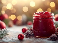 a jar filled with red liquid surrounded by christmas decorations