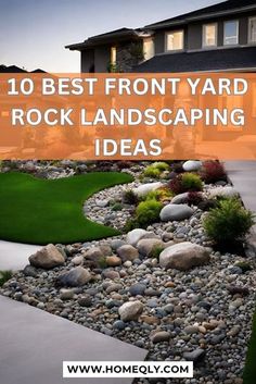 the front yard with rocks and grass in it is featured for landscaping ideas that are easy to do