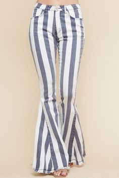 Grey Striped Hippie girl Striped Jeans. zipper/button/cotton/spandex Fitted Cotton Bottoms With Zipper Closure, Summer Bottoms With Vertical Stripes And Stretch, Summer Cotton Bottoms With Zipper Closure, Stretch Summer Bottoms With Vertical Stripes, Stretch Bottoms With Vertical Stripes For Summer, Stretch Striped Cotton Pants, Chic Striped Cotton Bottoms, Trendy Striped Bottoms For Spring, Chic Stretch Bottoms With Vertical Stripes