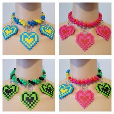 These kandi necklaces are made with pony beads and heart perler charms. One size fits all. This Item adjust up to 17 Inches.  This Item is made to order. Perfect for any event! You will get lots of compliments in this unique wearable art! Stand out at your next event! Edm festival  Raves Party  Rave outfit  Festival outfit Pride Kandi Body Harness, Rave Multicolor Choker For Festivals, Rave Style Multicolor Choker, Rave Style Plastic Jewelry For Festivals, Adjustable Rave Style Choker, Rave Perler Ideas, Kandi Necklaces, Perler Charms, Rave Diy