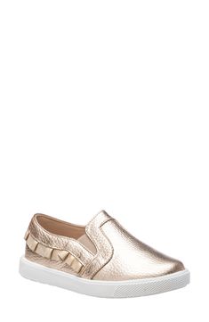 Ruffled edging and a high-shine finish give a darling look to this slip-on sneaker that keeps her comfy with a cushioned footbed. Style Name:Elephantito Ruffle Slip-On Sneaker (Toddler, Little Kid & Big Kid). Style Number: 6240785. Gold Slip-on Sneakers With Rubber Sole, Spring Slip-on Sneakers With Studded Outsoles, Chic Slip-on Sneakers With Perforated Toe Box, Chic Slip-on Sneakers With Round Toe, Gold Slip-on Sneakers For Spring, Gold Spring Slip-ons, Chic Slip-on Sneakers With Textured Sole, Gold Slip-on Sneakers With Cushioned Footbed, Girls Shoes Sneakers