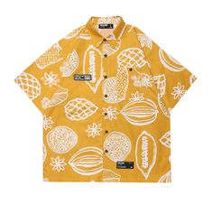 Fruits Print Hawaiian Loose Button Down Shirt Features：  Product ID:SS0018 Material:Cotton Season:Summer Color:White,Yellow  Size Chat： Costume Bags, Free Socks, Fruit Print, Short Sleeve Shirts, Fashion App, Retro Prints, Summer Colors, Basic Colors, Summer Shirts