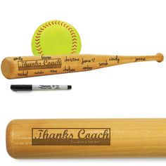 two baseball bats and a ball on a white background with thanks coach written on them