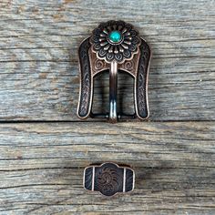 Copper western concho with a round shape. Decorated with a floral scalloped edge and a green turquoise center. All buckles will fit 5/8" to 3/4" wide leather Perfect for headstalls, breastcollars, dog collars, etc. Chicago screws are included Adjustable Southwestern Concho Belt Buckles, Adjustable Concho Belt Buckles For Western-themed Events, Brown Concho Jewelry For Rodeo, Luxury Southwestern Concho Belts, Adjustable Turquoise Western Belt Buckles, Vintage Turquoise Belt With Concho, Southwestern Turquoise Concho Belt Buckles, Wither Strap, Turquoise Western