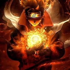 an anime character holding a ball in his hands with flames coming out of the chest