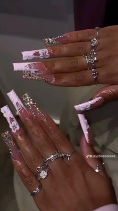 Nails With Zodiac Charms, Long Crazy Nails, Xxl Nail Designs, Birthday Nail Set Ideas, Dramatic Nails, Makeup 2000s, Y2k Cybercore, Drip Nails