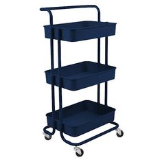 three tiered plastic utility cart with wheels and two trays on each side, blue