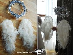 two pictures one with white feathers and the other with blue beaded beads on it