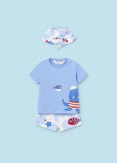 Mayoral Baby Boys 3-Piece Bathing Suit Set with Hat Matching Hat, Boys Swim, One Summer, Fish Print, Cute Shirt, Summer Adventures, Christmas Items, Suit Set, Atlantis