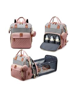 three pieces of pink and grey diaper bag with bottles in the bottom, one is empty