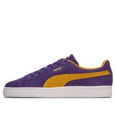 The PUMA Suede Teams 'Los Angeles Lakers' is the perfect combination of style and comfort. With a classic PUMA silhouette, the sneaker features a suede upper, a woven PUMA tongue with the iconic logo, and a rubber sole. The purple and yellow colorway is inspired by the Los Angeles Lakers, making it the perfect choice for any fan. The sleek design makes it a great choice for everyday wear, and the rubber sole ensures comfort and durability. Get ready to hit the court in style with the PUMA Suede Teams 'Los Angeles Lakers'. (SNKR/Skate/Light/Casual/Unisex/Low Top) Sporty Suede Skate Shoes With Boost Midsole, Classic Suede Custom Sneakers For Streetwear, Casual Purple High-top Sneakers With Contrast Sole, Purple Suede Lace-up Sneakers, Purple Leather Casual Skate Shoes, Suede Streetwear Sneakers With Cushioned Footbed, Suede Sneakers With Cushioned Footbed For Streetwear, Casual Purple Leather Skate Shoes, Purple Suede Sneakers With Round Toe