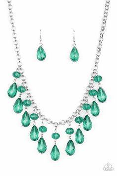 Featuring round and teardrop cuts, Ultramarine Green crystal-like tassels dangle from the bottom of a shimmery silver chain, creating an enchanting fringe below the collar. Features an adjustable clasp closure. Sold as one individual necklace. Includes one pair of matching earrings. P2WH-GRXX-361XX Collar Verde, Crystal Accessories, Paparazzi Accessories, Fabulous Jewelry, Green Necklace, Paparazzi Jewelry, Green Crystals, Necklace Earring Set, Accessories Necklace