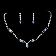 5 Sets Blue Rhinestone Bridesmaid Jewelry Your bridesmaids will love wearing this lovely jewelry set! Both the necklace and the earrings in this set feature brilliant blue marquise and clear princess cut rhinestones for lots of sparkle. This silver plated jewelry set is a fabulous choice for your modern wedding and will make a wonderful bridesmaid gift. Includes white gift boxes - ready for gift giving! Size: Necklace: 17" long, Pierced Earrings: 1" long. Color: Silver/Blue. Style: ne5104Sbl. Ne Prom Jewellery, Blue Jewelry Set, Prom Jewelry, Bridesmaid Jewelry Sets, Fancy Jewelry, Blue Jewelry, Blue Necklace, Girly Jewelry, Bridal Jewelry Sets