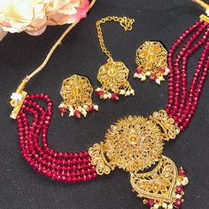 Brand New 4 Pcs Choker, Earrings, Tikka. Gorgeous Burgundy Beaded & Gold Plated Round Shaped Work On. Perfect For Any Occasion & Outfit. Never Got Chance To Wear It. New Are Before. Elegant Beaded Sets For Festive Occasions, Elegant Beaded Sets For Festive Season, Elegant Beaded Festive Sets, Festive Beaded Party Sets, Red Kundan Party Sets, Elegant Gold Beaded Sets, Red Kundan Jewelry Set Gift, Red Kundan Sets For Gift, Red Sets With Stone Work For Gift