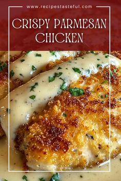 crispy parmesan chicken on a plate with gravy