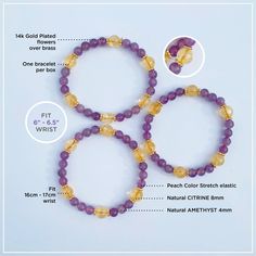 This is such a beautiful stretch braclet combination of lemon Citrine and Amethyst. Handmade bracelet is crafted with round polished 8mm beads. Each quartz is attached on a strong elastic string. Comfort fits anyone who has 6.5 to 7 inches (17cm) wide wrist. The genuine purple and yellow gemstone bracelet is a beautiful gift idea for anyone who loves handmade chakra energy healing jewelry. They come in a small cardboard box for jewelry. MATERIAL: Citrine, Amethyst, Gold Plated Brass, Pink Elasti Adjustable Yellow Crystal Bracelet With Gemstone Beads, Yellow Spiritual Crystal Bracelet, Adjustable Citrine Beaded Bracelets With Round Beads, Yellow Crystal Bracelet With Round Beads For Healing, Amber Stretch Bracelet With 8mm Beads As Gift, Amber Stretch Bracelet With 8mm Beads For Gift, Yellow Crystal Healing Bracelet With Round Beads, Yellow Spiritual Crystal Bracelet With 8mm Beads, Adjustable Amber Stretch Bracelet