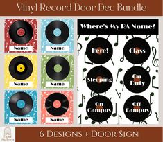 vinyl record door decals with name and music notes on the front, 6 designs