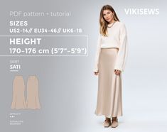 a woman wearing a skirt and sweater with the measurements for her size, from front to back