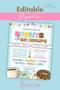 donuts with grownups, parent engagement ideas, parent participation ideas, school PTO PTA  event ideas, church family event ideas, editable flyer template, muffins with mom, pastries with parents Cute Flyers, Donuts With Grownups, Parent Engagement Activities, Parent Engagement Ideas, School Event Flyer, Pta Events, Brunch Event, Church Family, Parent Involvement