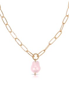 A baroque freshwater pearls gives a blush of color to this modern chain necklace. 15" length; 5" extender Pearl size: 14mm Lobster clasp closure 18k-gold plate/freshwater pearl Imported Coquette Diy, Pearl Pendant Necklace, Fabric Gift Bags, Keep Jewelry, Fabric Gifts, Pearl Size, Pearl Pendant, Print Gifts, Lobster Clasp