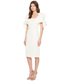 Badgley Mischka Origami Sleeve Butter Crepe Dress Women's Dress Ivory Casual Square Neck Lined Dress, Elegant Mid-length Dress With Fitted Bodice, Knee-length Mini Dress With Fitted Bodice For Day Out, Lined Midi-length Bodycon Dress, Evening Midi Dress With Pleated Sleeves And Fitted Bodice, Knee-length Midi Dress With Pleated Sleeves And Fitted Bodice, Elegant Mid-length Bodycon Summer Dress, Chic Square Neck Midi Dress For Party, Summer Evening Mid-length Bodycon Dress