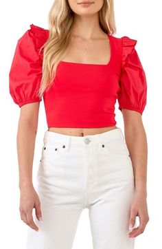 Puffed Sleeves Top, English Factory, Puff Sleeve Crop Top, White Pants, Ruffle Top, Cotton Poplin, Square Neck, Puff Sleeve, White Shorts