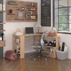 a computer desk sitting under a window next to a wooden shelf filled with office supplies