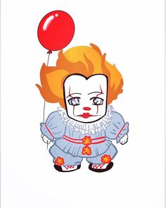 a drawing of a creepy clown holding a red balloon in its hand and looking at the camera