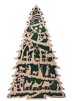 a wooden christmas tree cutout with people and animals around it, on a white background