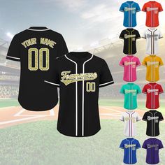 [Fabric] High-quality 100% polyester, our baseball jersey is made from skin-friendly, breathable, and lightweight material, offering comfort and dryness while absorbing moisture and sweat. The jersey is adorned with silver and gold sequins, adding a touch of sparkle and style. [Style] Fashion button design, loose fit, short sleeves, mid-body stripes, casual menswear, simple yet stylish, suitable for sports and outdoor activities. The jersey features silver and gold sequins, providing extra shine and visual appeal. All names and numbers on the jersey are hand-sewn with delicate stitching that is not easily detached. [Occasion] Baseball button jerseys are perfect for various occasions, including sports games, team activities, casual wear, parties, hip-hop performances, dance teams, baseball Custom Name Print Black Baseball Jersey For Sports, Black Baseball Jersey With Name Print, College Baseball Jersey With Name Print For Sports Season, Team-colored Baseball Jersey With Name Print, Team-colored Letter Print Baseball Jersey For Sports Fans, Baseball Jersey With Name Print For Baseball Season, Team Spirit Jersey With Letter Print For Baseball Season, Varsity Baseball Jersey With Name Print For Sports Season, Baseball Season Jersey With Letter Print