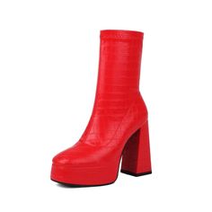 Material: Patent Leather Color: Black, White, Red Season: Winter Heel Height: 4.5 inches (115 mm) Platform: 1.37 inches (35 mm) Toe Style: Round Toe Heel Style: Chunky Heel Style: Booties Closure Type: Slip-On HandcraftedUS sizing. Fits true to size.Please note that measurements may vary by size. Red High Heel Platform Boots For Winter, Red Ankle-high Platform Boots For Parties, Red High Ankle Platform Boots For Party, Bold High Heel Platform Boots For Winter, Red Square Toe Heeled Boots For Party, Red Platform Boots With Reinforced Heel For Party, Bold Winter Heeled Boots With Round Toe, Red Party Platform Boots, Red Sole High Ankle Platform Boots For Party