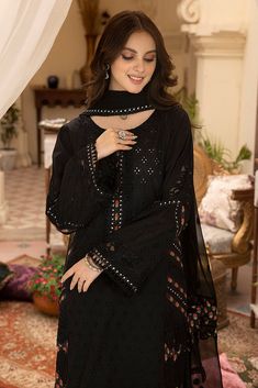 DESCRIPTION - Lawn Black Shifli embroidered Shirt - Embroidered Front and Daman and Sleeves with Taping Patti - Finished with Lace on Daman & Sleeves - Plain Lawn Straight Trouser Finished with Lace On Bottom - .Chiffon Printed Dupatta Finished with Patti on Four Side also Lace Measurement Length 46" 46" 48" 48" Flare/ Daman Width 28" 28" 30" 30" Pakistani Style, Dresses Design, Lawn Dress, Printed Dupatta, Lawn Fabric, Desi Girl, Lawn Shirts, Boutique Dress Designs, Boutique Dress