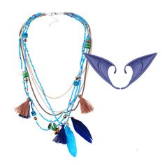 a necklace with blue beads and feathers on it, including an earpiece that is shaped like a dragon's wing